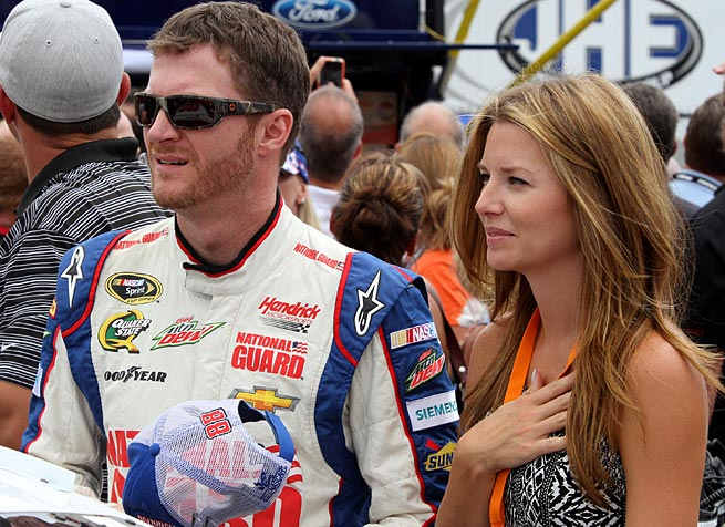 Dale Earnhardt Jr. and girlfriend Amy Reimann during the National Anthem at New Hampshire Speedway.